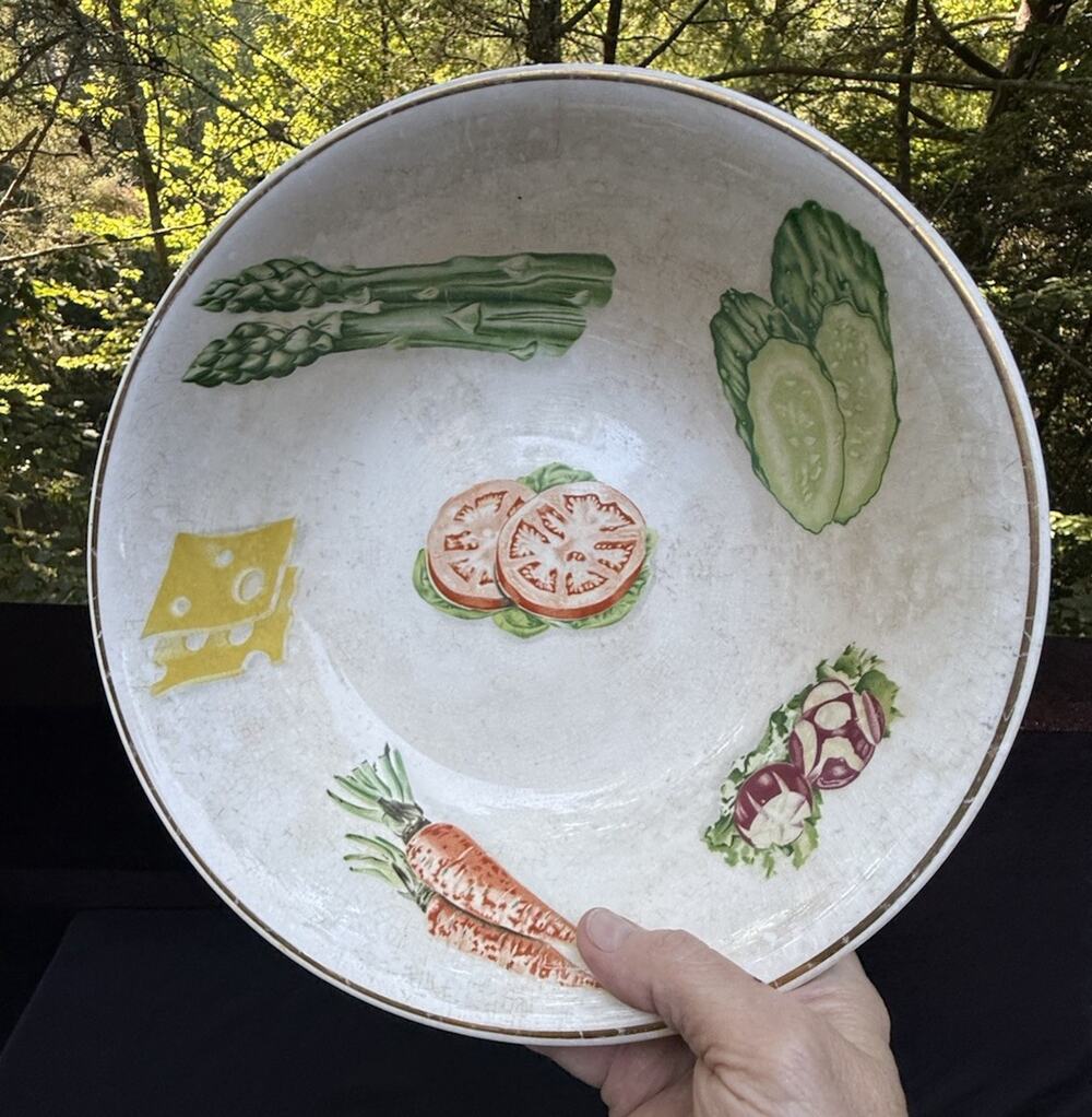Vintage Ceramic Kitchen Kitsch Serving Bowl Garden Veggies & Swiss Cheese 10"